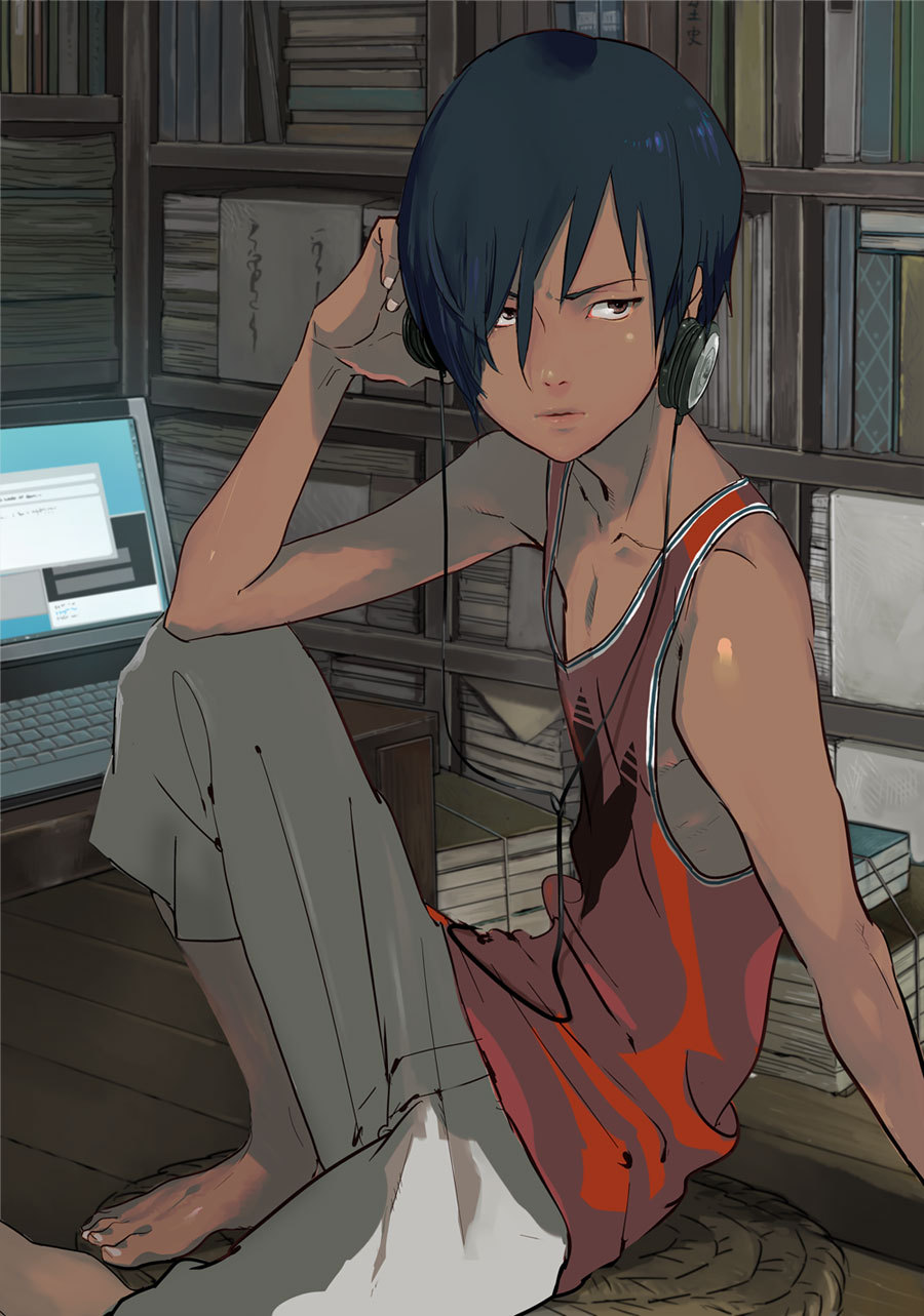 androgynous arm_support barefoot black_hair book bookshelf brown_eyes computer headphones highres ikezawa_kazuma laptop leg_up male sitting solo summer_wars yutaka yutaka7