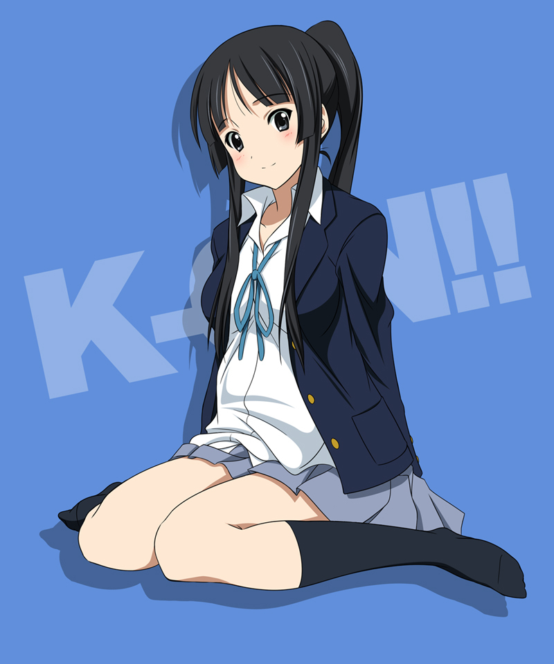 black_eyes black_hair breasts k-on! kneeling long_hair pickles_(lte) pleated_skirt ponytail school_uniform skirt socks solo