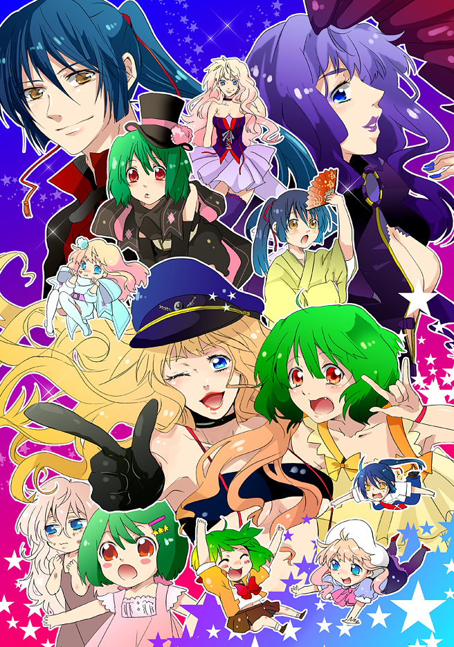 \m/ blue_eyes blue_hair blush breasts chibi cleavage closed_eyes dress fan fang gen_(enji) green_hair hat japanese_clothes kimono long_hair macross macross_frontier macross_frontier:_itsuwari_no_utahime macross_frontier:_the_false_diva multiple_persona necktie open_mouth pointing ponytail purple_hair ranka_lee red_eyes saotome_alto school_uniform sheryl_nome short_hair smile star wink yellow_eyes young