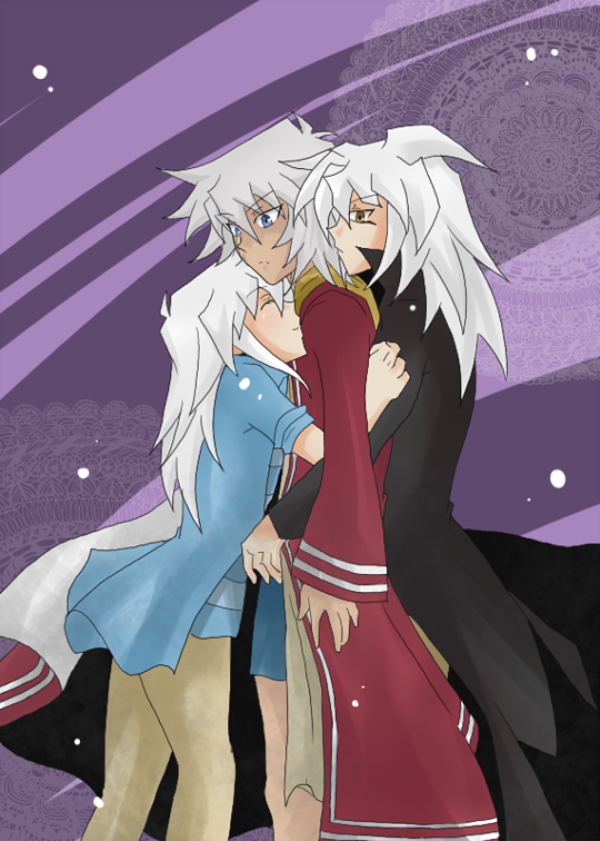 androgynous bakura_ryou hug long_hair male striped striped_shirt tan thief_king_bakura white_hair yami_bakura yuu-gi-ou