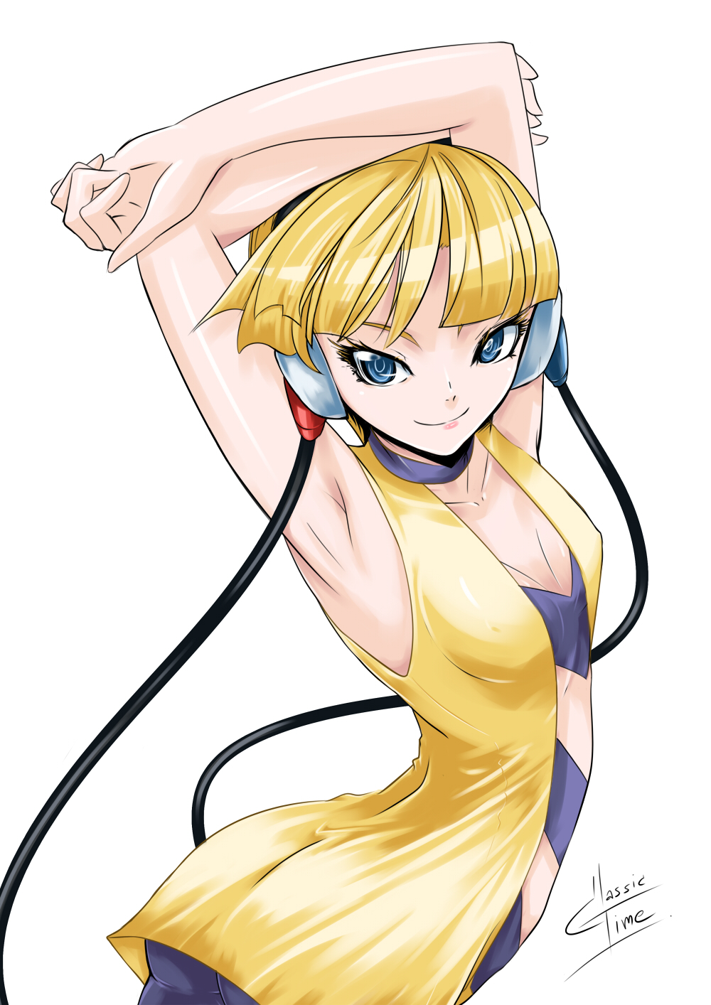 armpits blonde_hair blue_eyes classictime flat_chest headphones highres kamitsure_(pokemon) light_smile pantyhose pokemon pokemon_(game) pokemon_black_and_white pokemon_bw signature simple_background small_breasts solo white_background