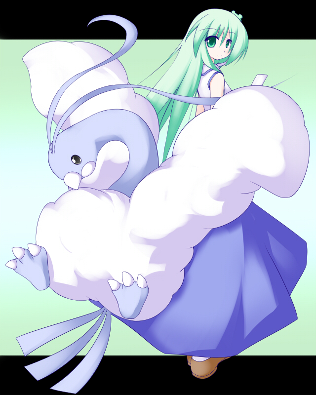 1girl altaria crossover kochiya_sanae long_hair long_skirt miyo_(miyomiyo01) pokemon pokemon_(creature) skirt touhou