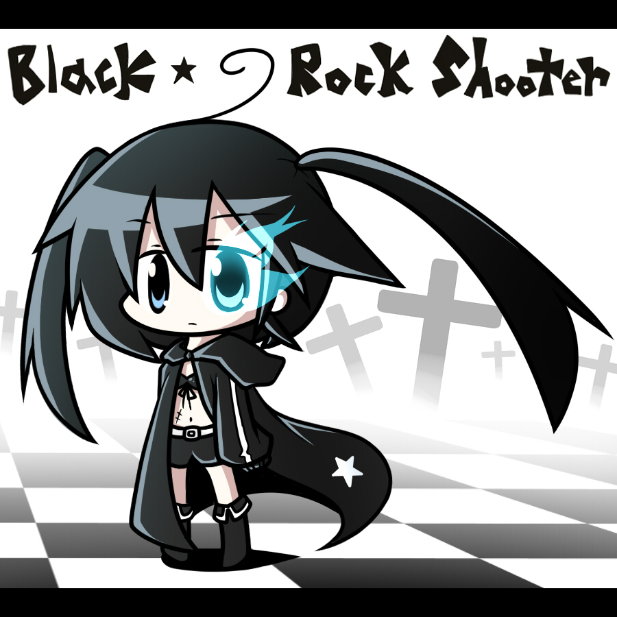 aoblue bangs black_rock_shooter black_rock_shooter_(character) blue_eyes boots checkered checkered_floor chibi cross front-tie_top gloves glowing_eye hooded_jacket jacket long_coat scar shorts solo star twintails uneven_twintails