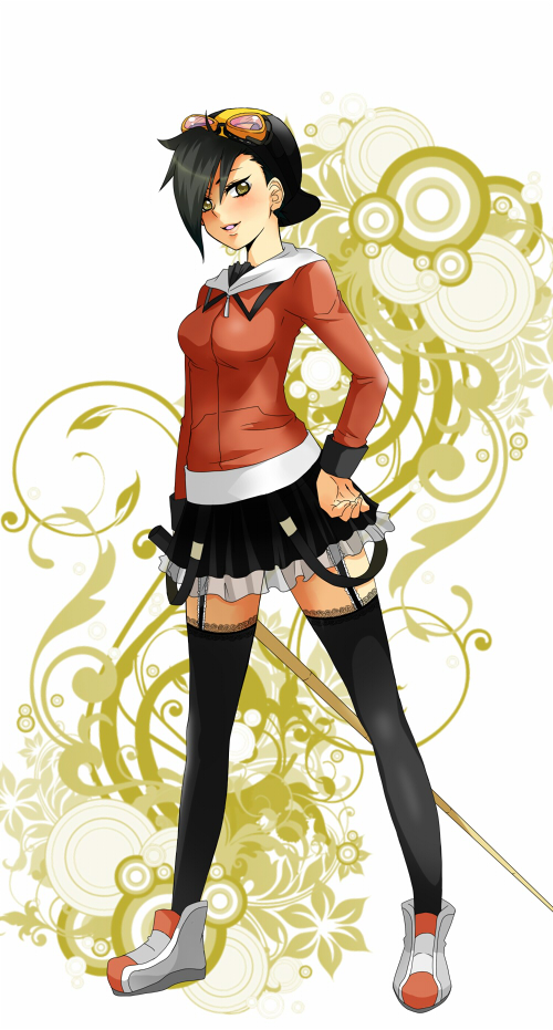 alternate_costume backwards_hat baseball_cap black_hair black_legwear black_thighhighs cue_stick garter_belt genderswap goggles goggles_on_head gold_(pokemon) hand_on_hip hat legs lips minto pokemon pokemon_(game) pokemon_gsc pokemon_special skirt solo thigh-highs thighhighs yellow_eyes zettai_ryouiki