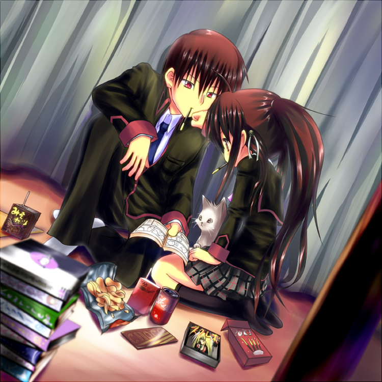 brother_and_sister brown_hair cat dutch_angle juice_box kotsu little_busters!! long_hair manga_(object) natsume_kyousuke natsume_rin pocky potato_chips reading red_eyes school_uniform short_hair siblings soda_can tokido_saya