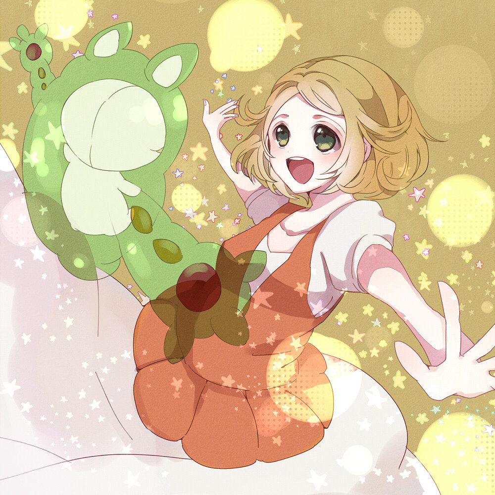 arms_out bel_(pokemon) bell_(pokemon) blonde_hair chidori_(@rom) chidori_(pixiv684938) green_eyes happy open_mouth outstretched_arms pokemon pokemon_(game) pokemon_black_and_white pokemon_bw reuniclus spread_arms star