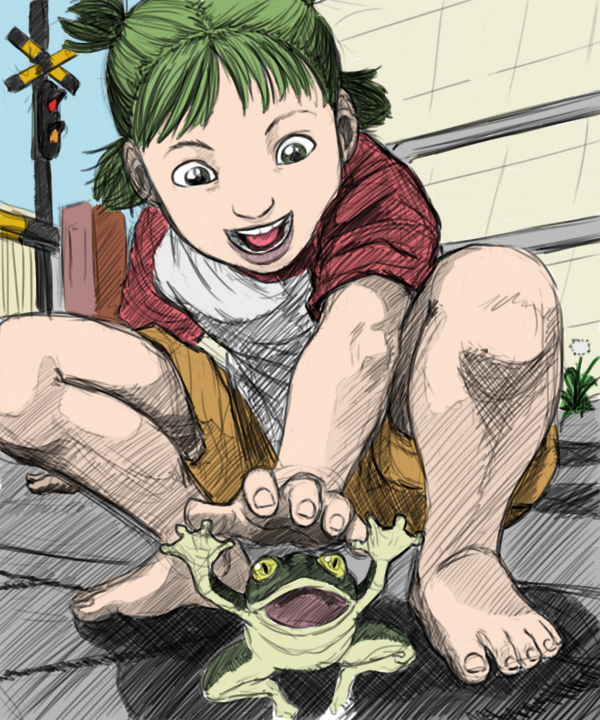 4chan drawfag feet foreshortening frog green_eyes green_hair hands koiwai_yotsuba realistic sketch yotsubato!