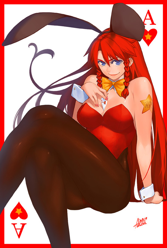 ace_of_hearts animal_ears azusa between_breasts blue_eyes border braid breasts bunny_ears bunnysuit card card_(medium) card_background card_between_breasts hong_meiling large_breasts long_hair nail_polish pantyhose playing_card rabbit_ears red_border red_hair redhead touhou twin_braids white_background wrist_cuffs
