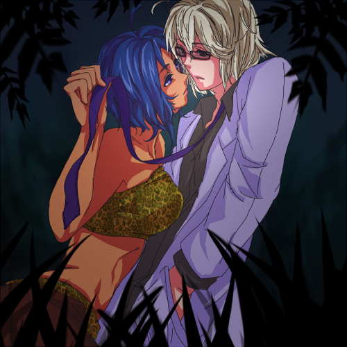 breast couple dark_skin doctor_clive glasses interracial jungle jungle_wa_itsumo_hare_nochi_guu labcoat lipstick love nature necktie tribal tubetop weda white_hair