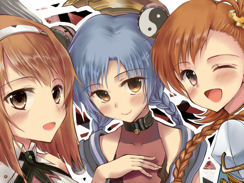 akabane_(zebrasmise) akebane ar_tonelico ar_tonelico_i aurica_nestmile aurica_nestmile_(cosplay) bad_id blue_hair blush bodysuit braid brown_eyes brown_hair collar cosplay futami_mami gust hagiwara_yukiho hair_ornament hairband idolmaster kisaragi_chihaya long_hair misha_arsellec_lune misha_arsellec_lune_(cosplay) multiple_girls open_mouth shurelia shurelia_(cosplay) side_ponytail smile twin_braids wink