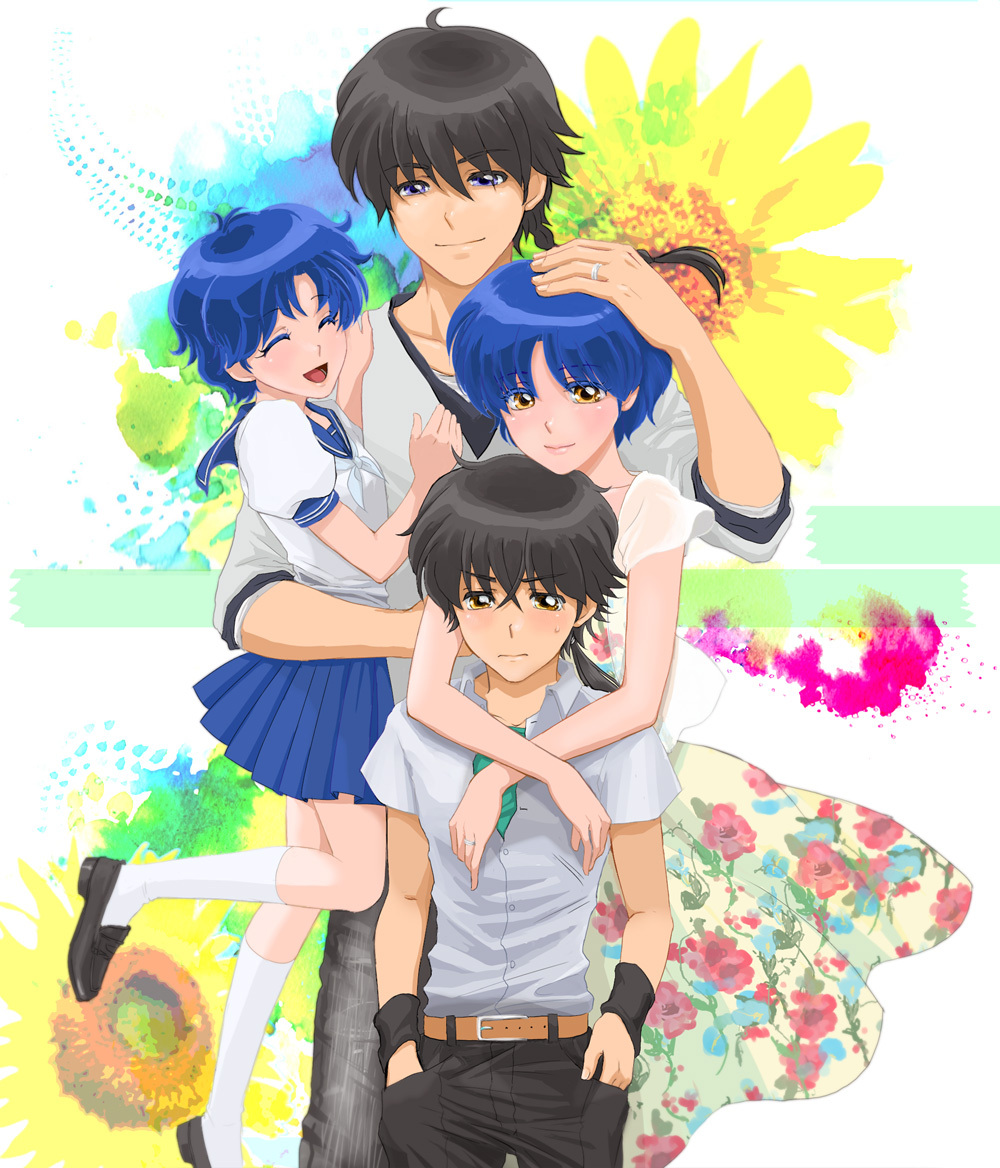 black_hair blue_hair casual couple height_difference if_they_mated jewelry pigtail ranma_1/2 ring saotome_ranma school_uniform serafuku short_hair tendou_akane uzuki_saku