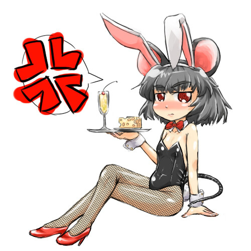 anger_vein animal_ears rabbit_ears bunnysuit cheese drink fishnet_pantyhose fishnets grey_hair mimidori mouse_ears mouse_tail nazrin pantyhose red_eyes short_hair tail touhou tray