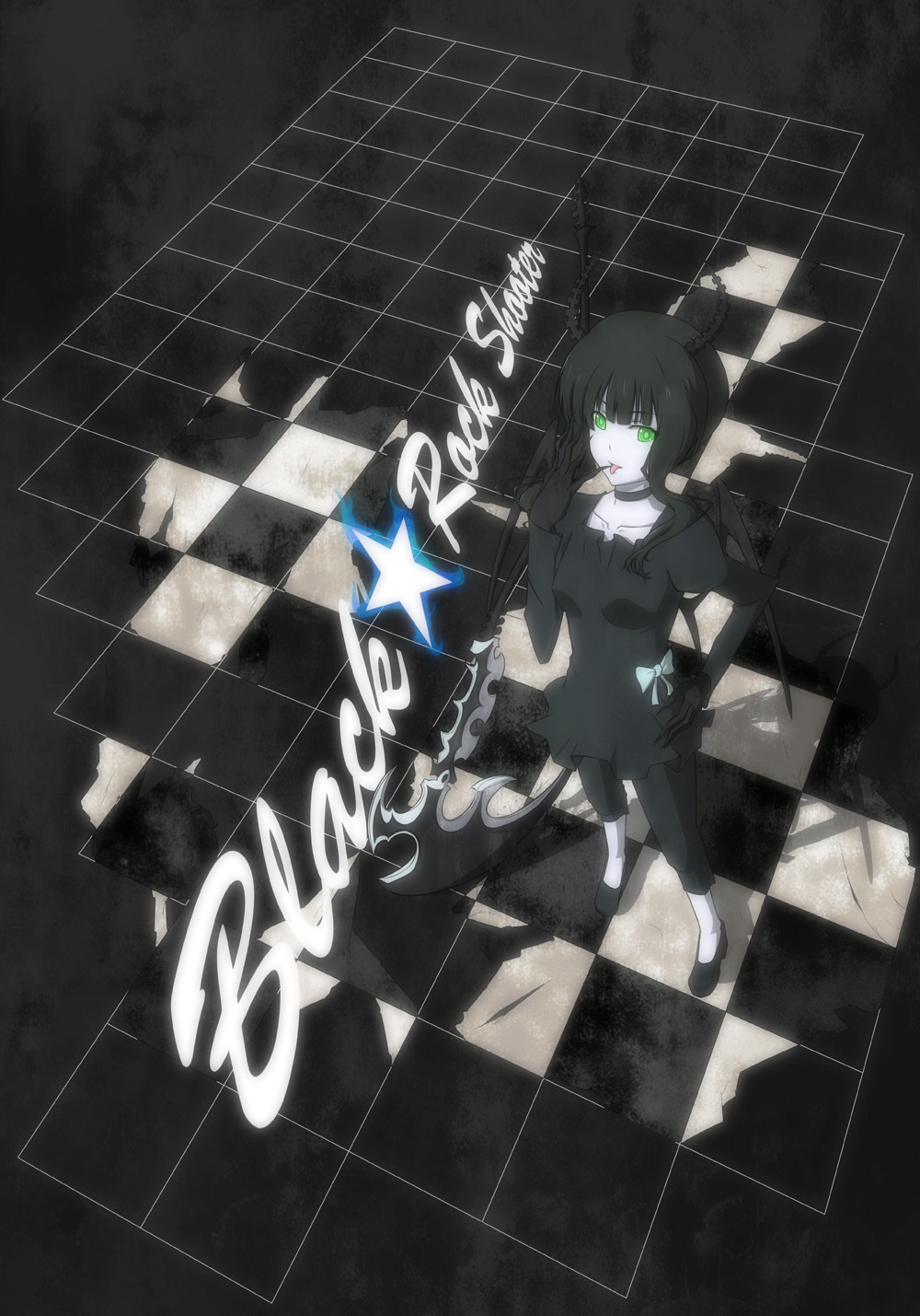 artist_request black_rock_shooter bow checkered collar collarbone dead_master dress finger_licking from_above green_eyes hand_on_hip highres horns kai_(link2262) licking scythe star wings