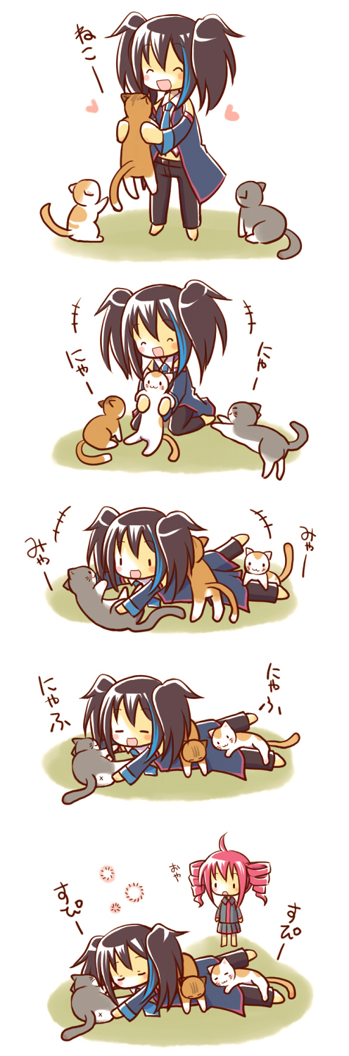 :3 :d carrying cat chibi closed_eyes comic detached_sleeves drill_hair happy heart highres kasane_teto multicolored_hair necktie open_mouth red_hair redhead sleeping smile takitate too_many_cats translated twintails utau yokune_ruko |_|