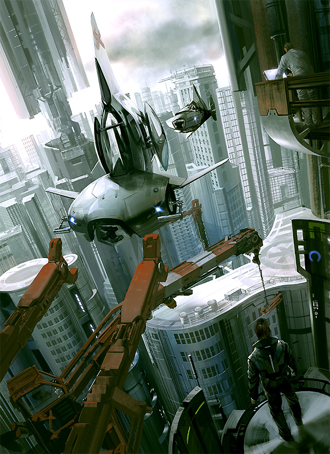 city cityscape crane futuristic noba original science_fiction scifi ship