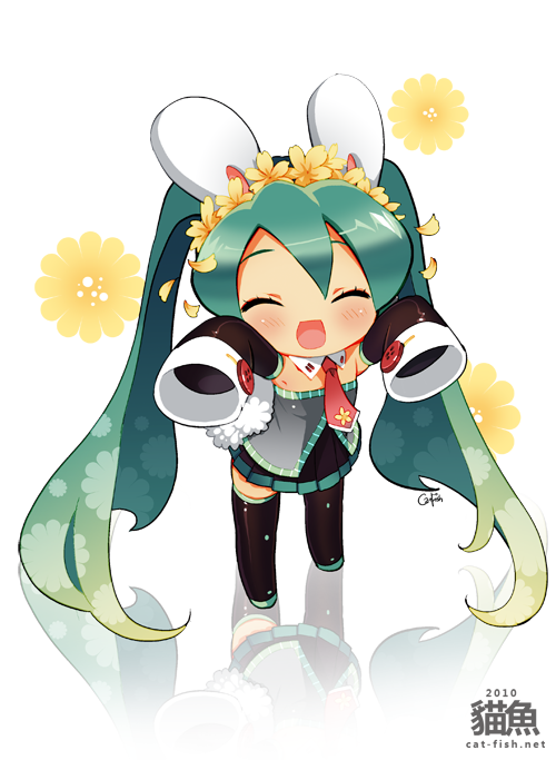 blush bunny_ears buttons chibi closed_eyes detached_sleeves flower green_hair hair_flower hair_ornament hatsune_miku long_hair necktie neko_sakana patterned rabbit_ears reflection skirt sleeves_past_wrists smile thigh-highs thighhighs twintails very_long_hair vocaloid