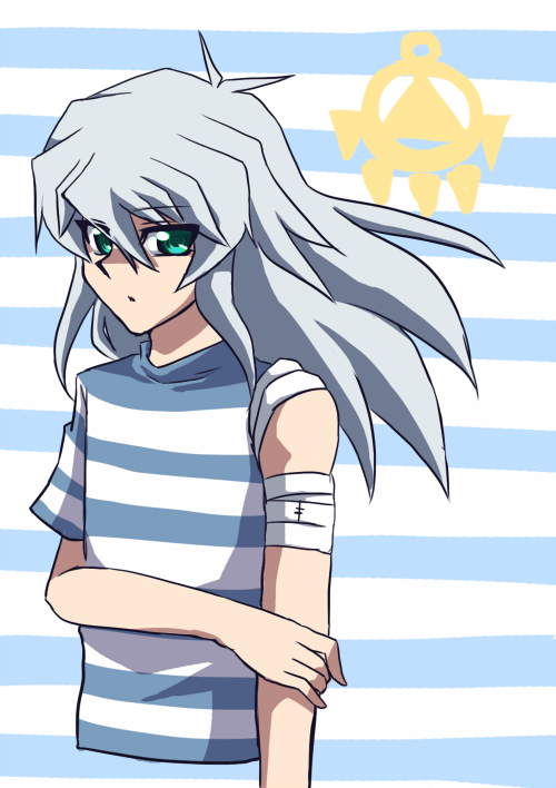 androgynous bakura_ryou bandages green_eyes long_hair striped striped_shirt white_hair yuu-gi-ou