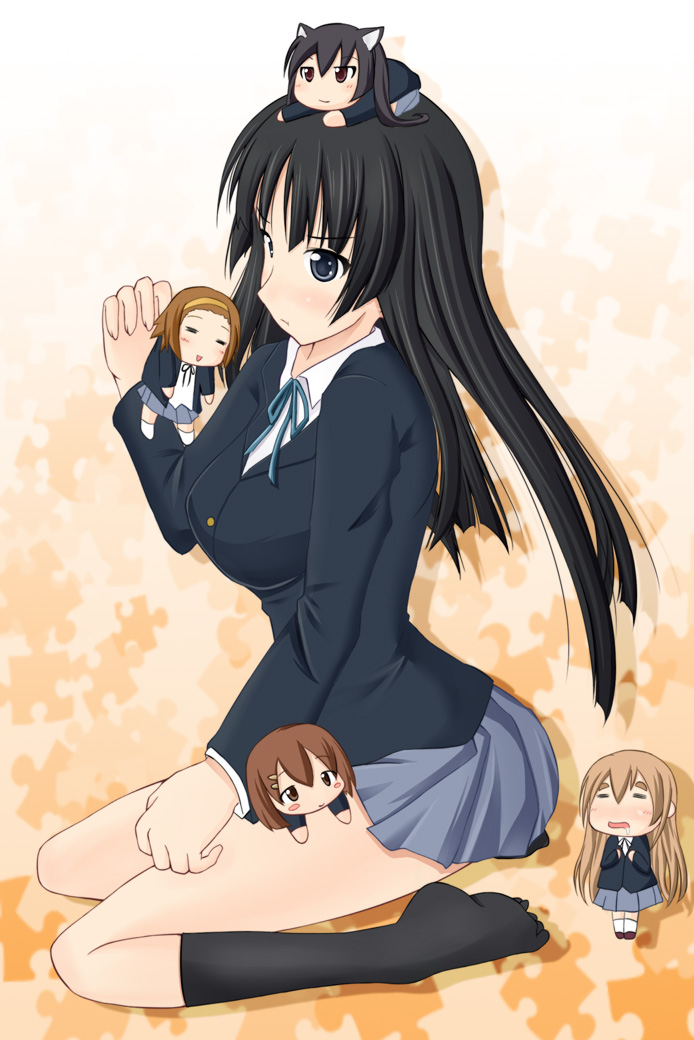 =_= akiyama_mio animal_ears black_hair black_socks blazer blonde_hair blue_eyes blush_stickers brown_hair hair_ornament hairband hairclip hirasawa_yui holding k-on! kneehighs kotobuki_tsumugi long_hair minigirl nakano_azusa no_shoes object_on_head ribbon saliva school_uniform short_hair sitting sk_(buta) skirt smile socks tainaka_ritsu twintails wariza