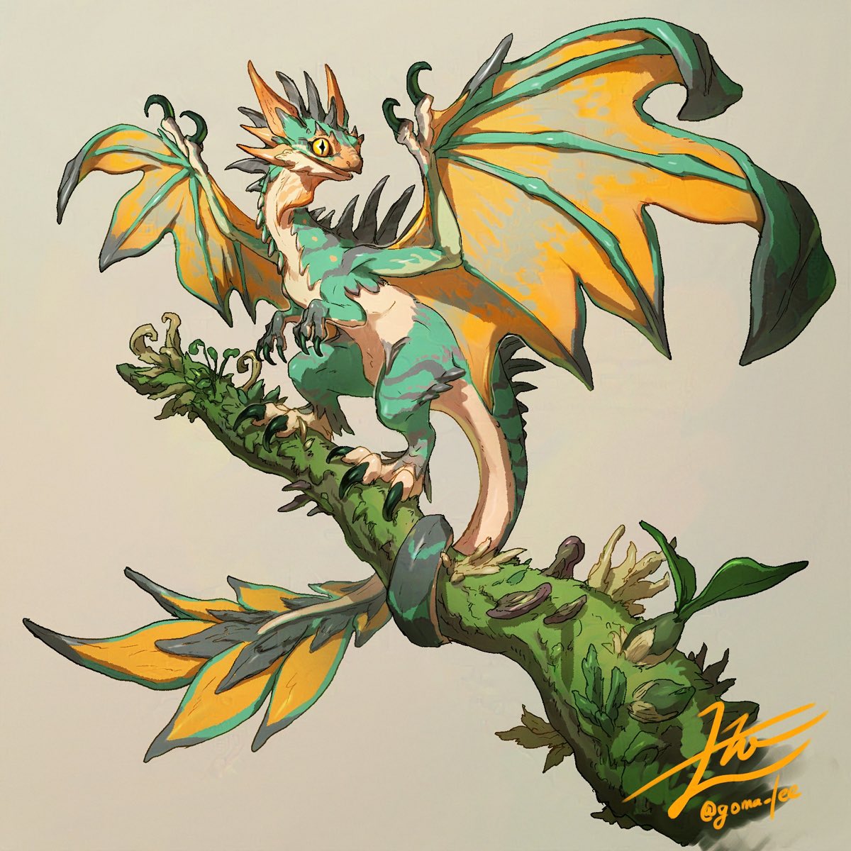 animal_focus artist_name branch brown_background claws commentary cross-shaped_pupils dragon english_commentary from_side full_body highres horns looking_at_viewer moss multiple_horns no_humans open_mouth original signature simple_background smile solo spikes spread_wings standing_on_branch symbol-shaped_pupils tail twitter_username yamamura_le yellow_eyes yellow_wings
