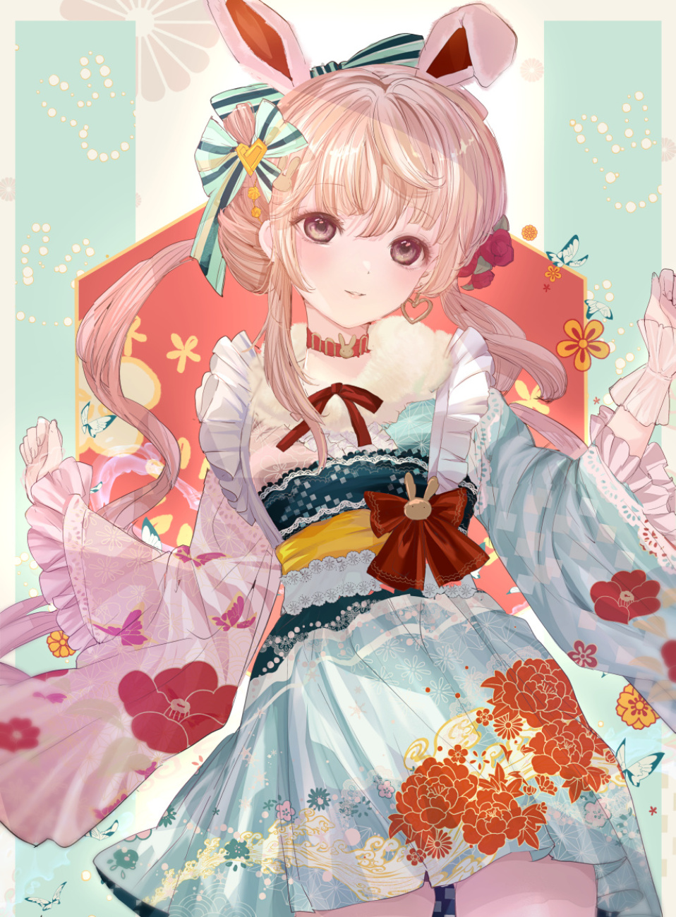 1girl animal_ears blue_kimono blush bow brown_eyes chinese_zodiac choker cowboy_shot earrings floral_print frilled_kimono frilled_sleeves frills gloves hair_bow hair_bun hair_ornament hands_up heart heart_earrings highres japanese_clothes jewelry kimono komorihikki long_hair long_sleeves looking_at_viewer obi original parted_lips print_kimono rabbit_ears sash smile solo twintails wide_sleeves year_of_the_rabbit
