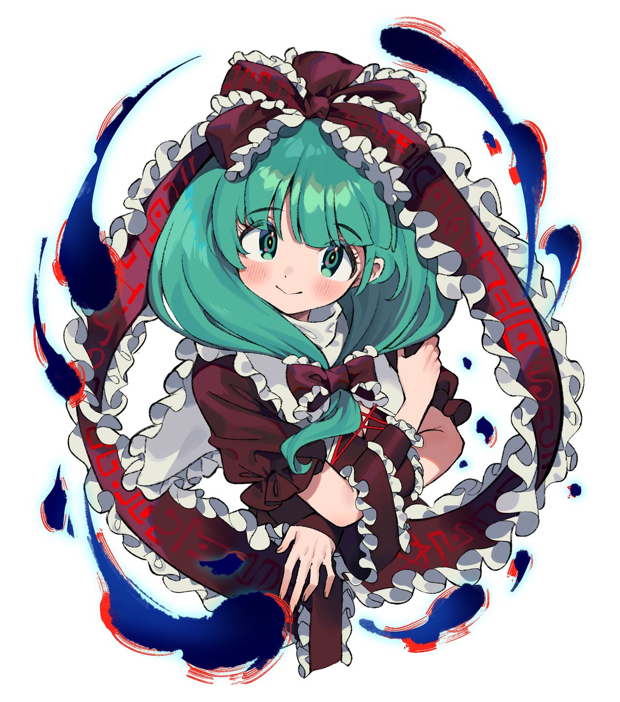 1girl bow brown_dress commentary dress frilled_bow frilled_ribbon frilled_sleeves frills front_ponytail green_eyes green_hair hair_bow hair_ribbon highres iroyopon kagiyama_hina long_hair looking_at_viewer red_bow red_ribbon ribbon short_sleeves simple_background solo touhou upper_body white_background