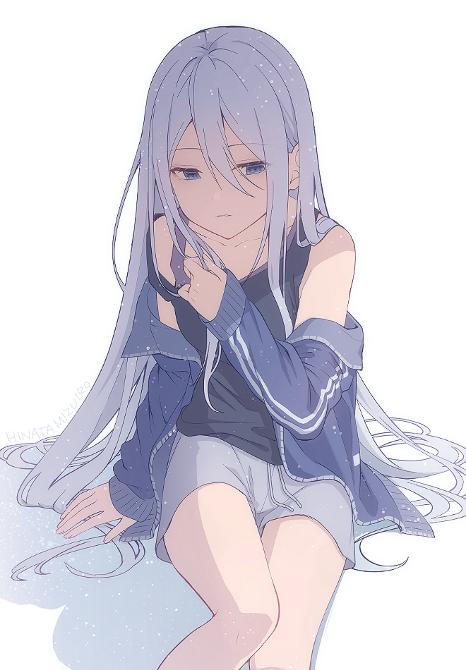 1girl arm_at_side artist_name black_tank_top blue_eyes blue_jacket collarbone dot_nose drawstring feet_out_of_frame flat_chest grey_hair grey_shorts hair_between_eyes half-closed_eyes hinata_mizuiro jacket legs_together light light_particles long_hair looking_afar on_floor open_clothes open_jacket parted_bangs project_sekai serious shadow shorts sidelighting simple_background sitting solo straight_hair tank_top track_jacket tsurime very_long_hair white_background yoisaki_kanade