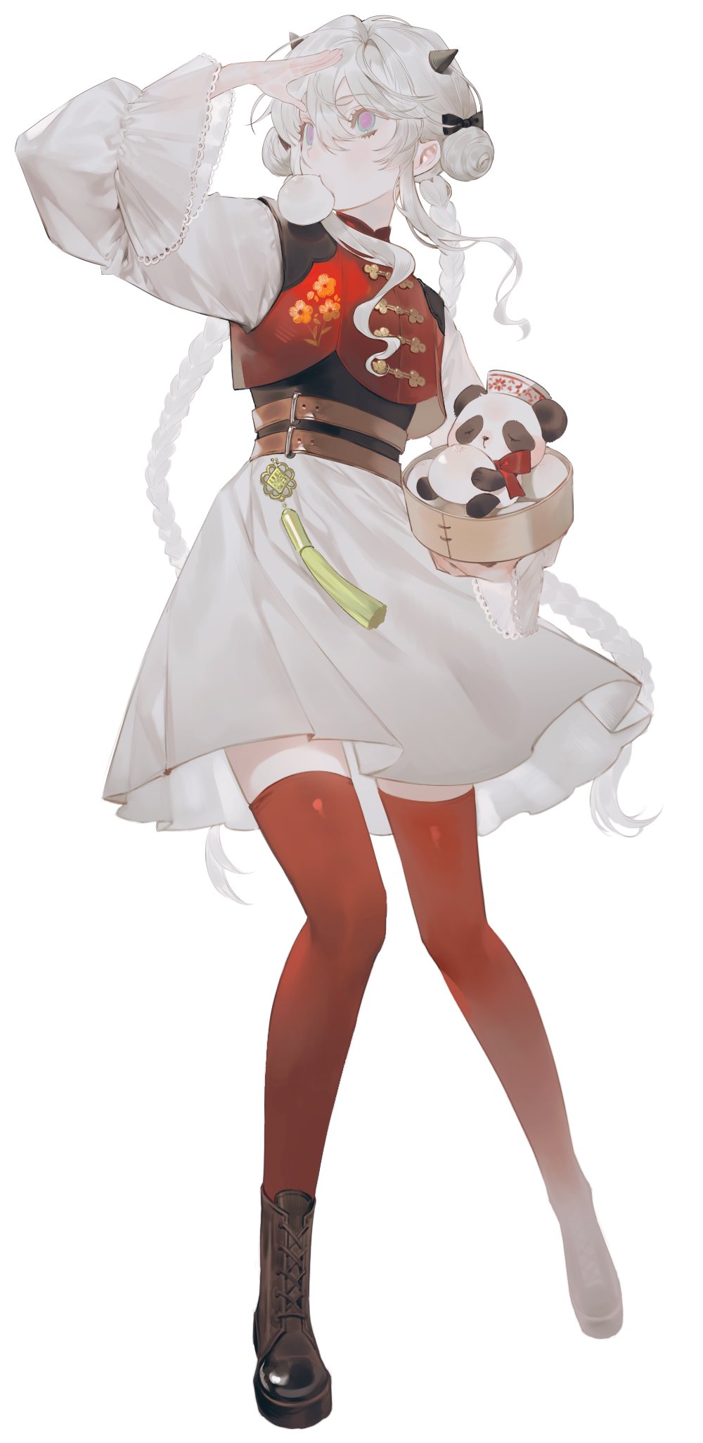 1girl arm_up bamboo_steamer baozi belt black_footwear boots bow braid brown_belt chinese_clothes double_bun dress floral_print food full_body hair_between_eyes hair_bun hat highres holding long_hair long_sleeves multicolored_eyes original panda red_bow red_thighhighs salute simple_background skirt solo tachi-e tassel thigh-highs twin_braids uyu_1028 very_long_hair white_background white_dress white_hair white_skirt wide_sleeves zettai_ryouiki