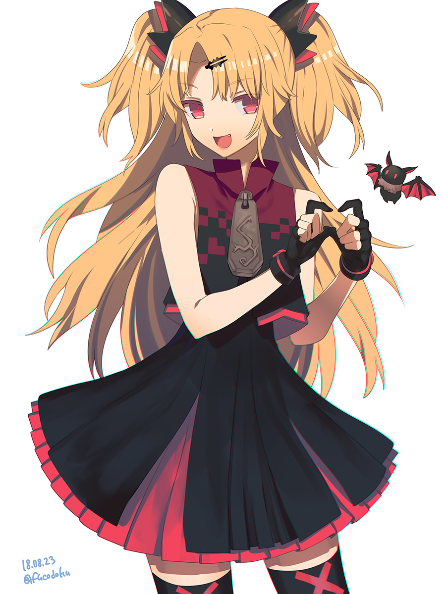 1girl akatsuki_uni bare_shoulders bat_(animal) black_dress black_gloves black_thighhighs black_vest blonde_hair cowboy_shot curtained_hair dated dress fang fucodoku gloves hair_ornament hands_up heart heart_hands highres long_hair looking_at_viewer open_mouth partially_fingerless_gloves pleated_skirt red_eyes red_pupils red_skirt short_dress simple_background skirt sleeveless sleeveless_dress smile solo thigh-highs twintails twitter_username two_side_up uni_create vest virtual_youtuber white_background zipper_pull_tab