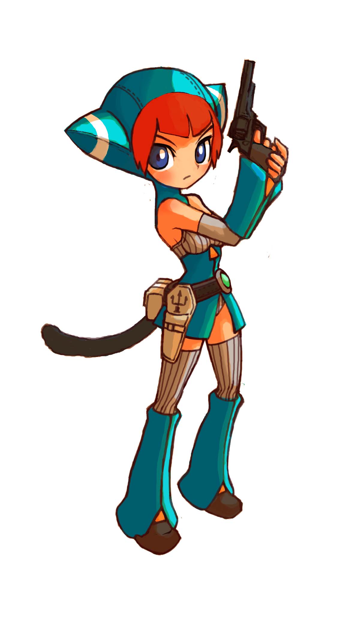 1girl animal_hood blue_eyes breasts breath_of_fire breath_of_fire_v cat_hood closed_mouth full_body gloves gun highres holding holding_gun holding_weapon hood izuna_yoshitsune lin_(breath_of_fire) looking_at_viewer orange_hair short_hair simple_background solo tail thigh-highs weapon white_background