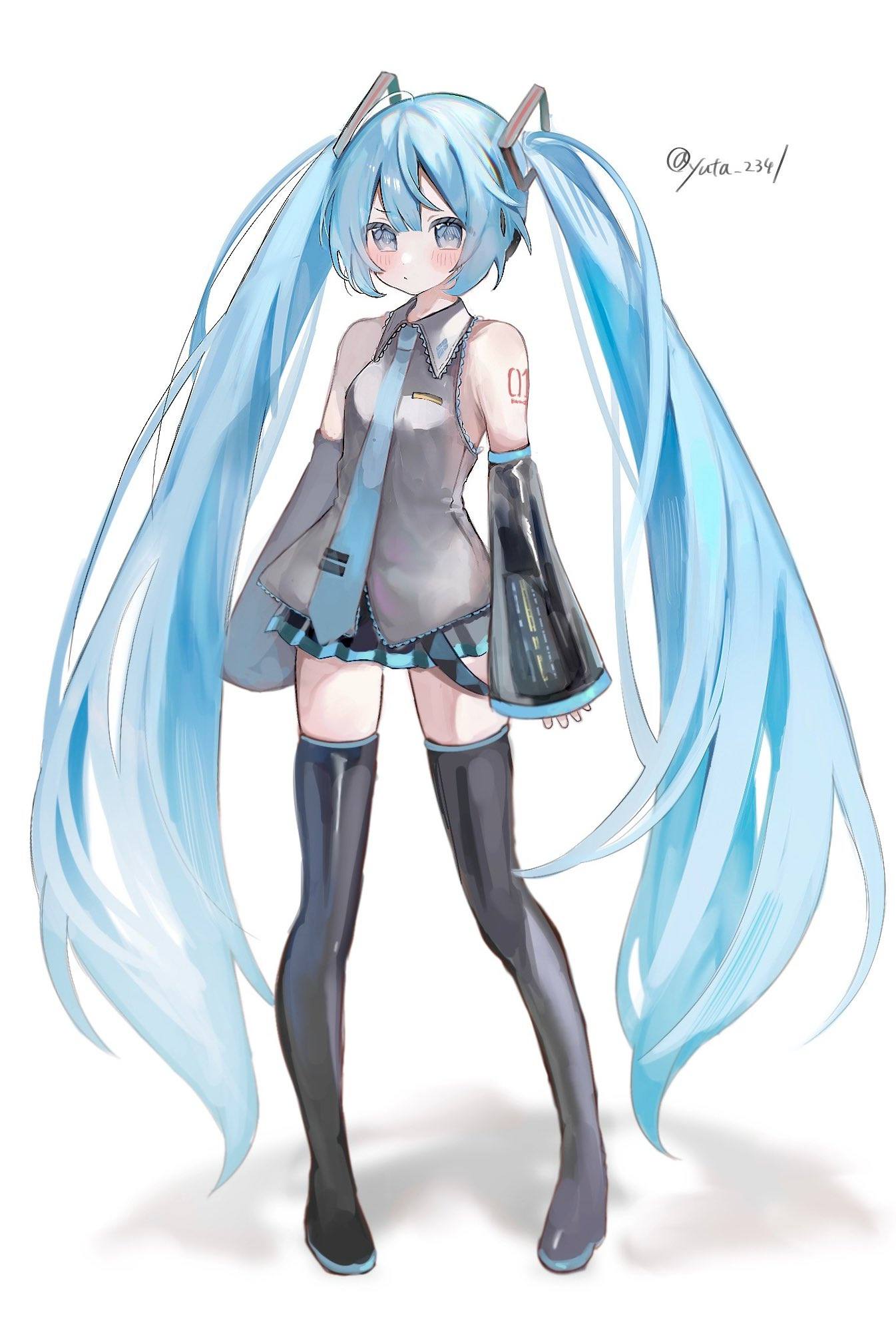 1girl arms_at_sides bare_shoulders belt black_footwear black_skirt black_sleeves black_thighhighs blue_eyes blue_hair blue_necktie blush boots breasts closed_mouth collared_shirt detached_sleeves dot_mouth frilled_shirt frills grey_shirt hair_between_eyes hair_ornament hatsune_miku highres legs_apart long_hair long_sleeves loose_belt microskirt necktie number_tattoo pleated_skirt shadow shirt sidelocks simple_background skirt sleeveless sleeveless_shirt small_breasts solo tattoo thigh-highs thigh_boots tie_clip twintails twitter_username very_long_hair vocaloid vocaloid_boxart_pose white_background yuta_2341 zettai_ryouiki
