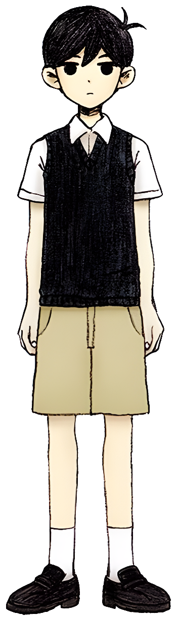 1boy antenna_hair arms_at_sides black_eyes black_footwear black_hair black_sweater_vest closed_mouth collared_shirt expressionless fingernails full_body hair_behind_ear hair_between_eyes highres looking_at_viewer no_pupils official_art omocat omori shirt short_hair short_sleeves shorts socks solo standing sunny_(omori) sweater_vest transparent_background white_shirt white_socks