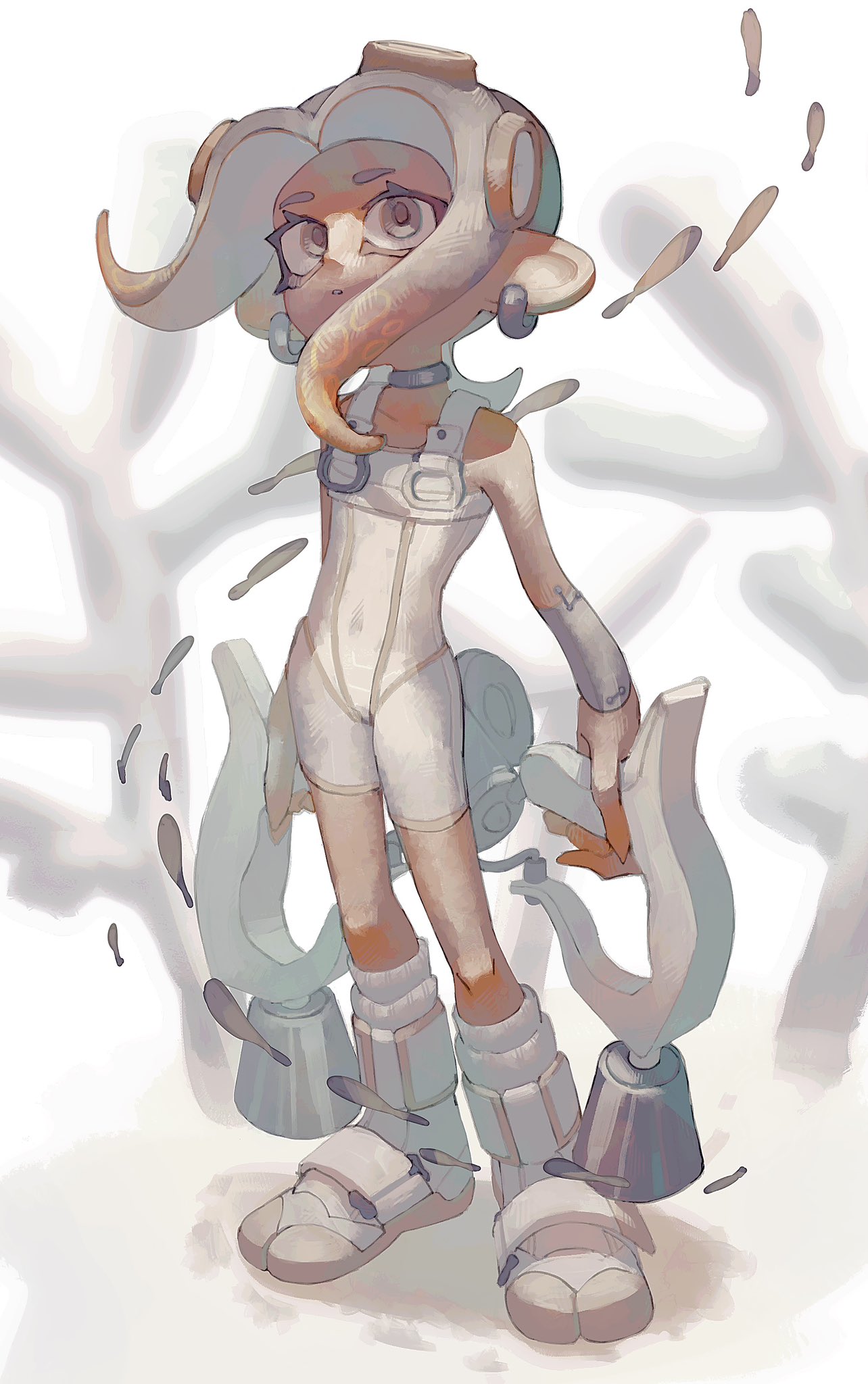 1girl agent_8_(splatoon) bare_shoulders bodysuit boots brown_hair choker commentary_request coral covered_navel detached_sleeves dual_wielding earrings fish full_body grey_choker grey_eyes grey_hair gun highres holding holding_gun holding_weapon jewelry long_hair multicolored_hair octoling octoling_girl octoling_player_character order_dualies_(splatoon) parted_lips single_detached_sleeve sleeveless sleeveless_bodysuit solo splatoon_(series) splatoon_3 splatoon_3:_side_order standing suction_cups teeth tentacle_hair tiripow two-tone_hair weapon white_bodysuit white_footwear