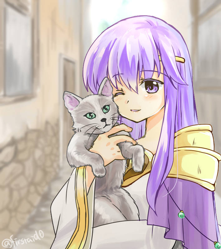 1girl animal cape cat circlet dress fire_emblem fire_emblem:_genealogy_of_the_holy_war holding holding_animal holding_cat julia_(fire_emblem) long_hair one_eye_closed outdoors purple_cape purple_hair smile solo violet_eyes wide_sleeves yukia_(firstaid0)