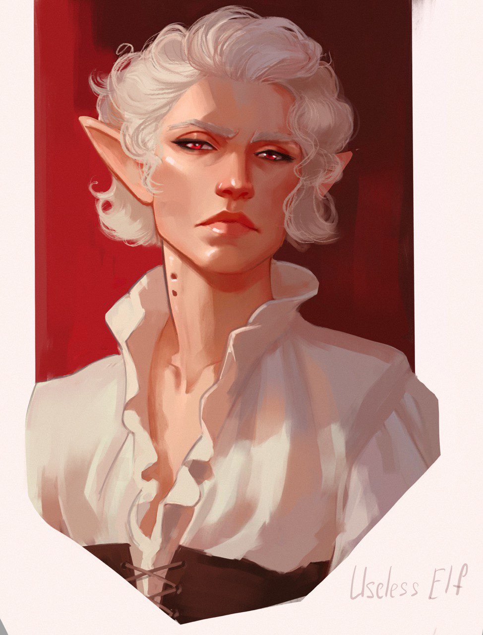 1boy androgynous artist_name astarion baldur's_gate baldur's_gate_3 bite_mark bite_mark_on_neck closed_mouth collarbone cropped_torso dungeons_and_dragons grey_hair highres looking_at_viewer male_focus red_background red_eyes shirt short_hair solo useless_elf white_shirt