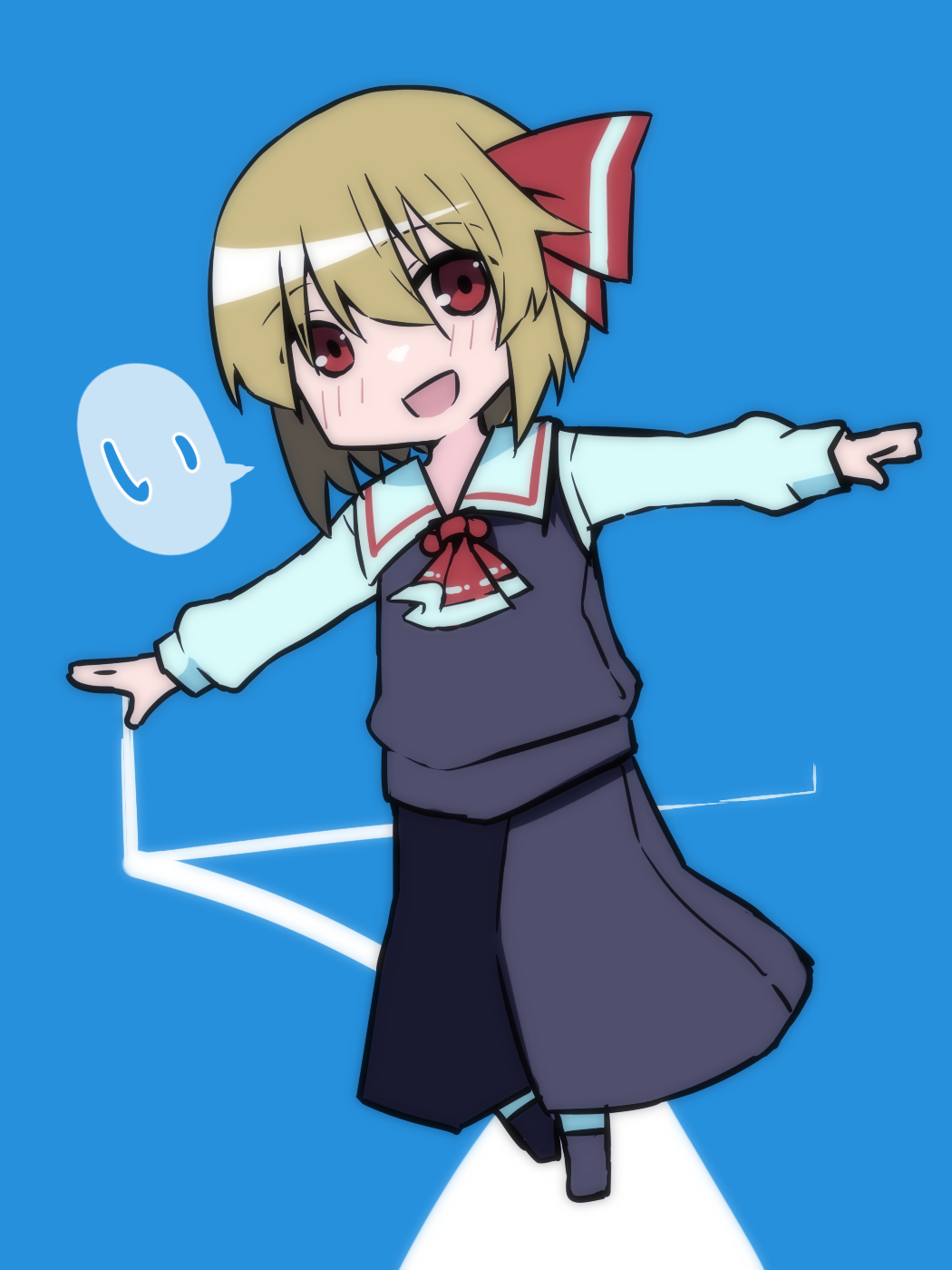 1girl arms_at_sides ascot black_skirt black_vest blonde_hair blue_background blush commentary_request hair_between_eyes highres manekinekoppoi_inu open_mouth red_ascot red_eyes red_ribbon ribbon rumia shirt simple_background skirt solo touhou translation_request vest white_shirt