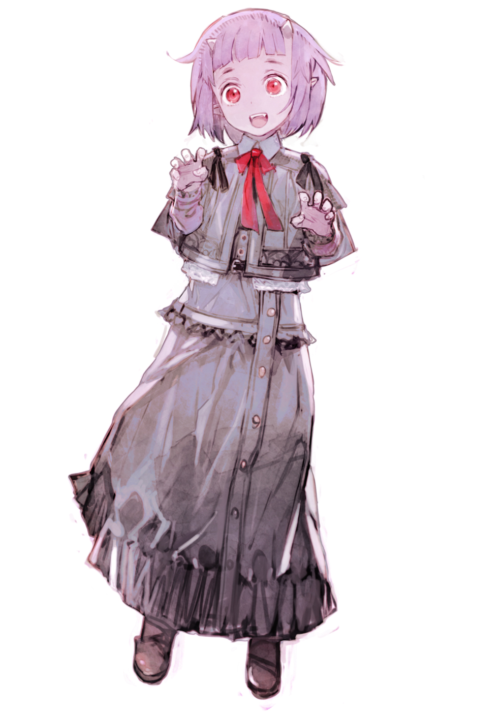 1girl :d black_skirt brown_footwear capelet claw_pose full_body highres horns long_skirt long_sleeves looking_at_viewer neck_ribbon oni open_mouth original pointy_ears purple_hair red_eyes red_ribbon ribbon shirt shoes short_hair simple_background skirt smile solo standing teeth toi8 upper_teeth_only white_background