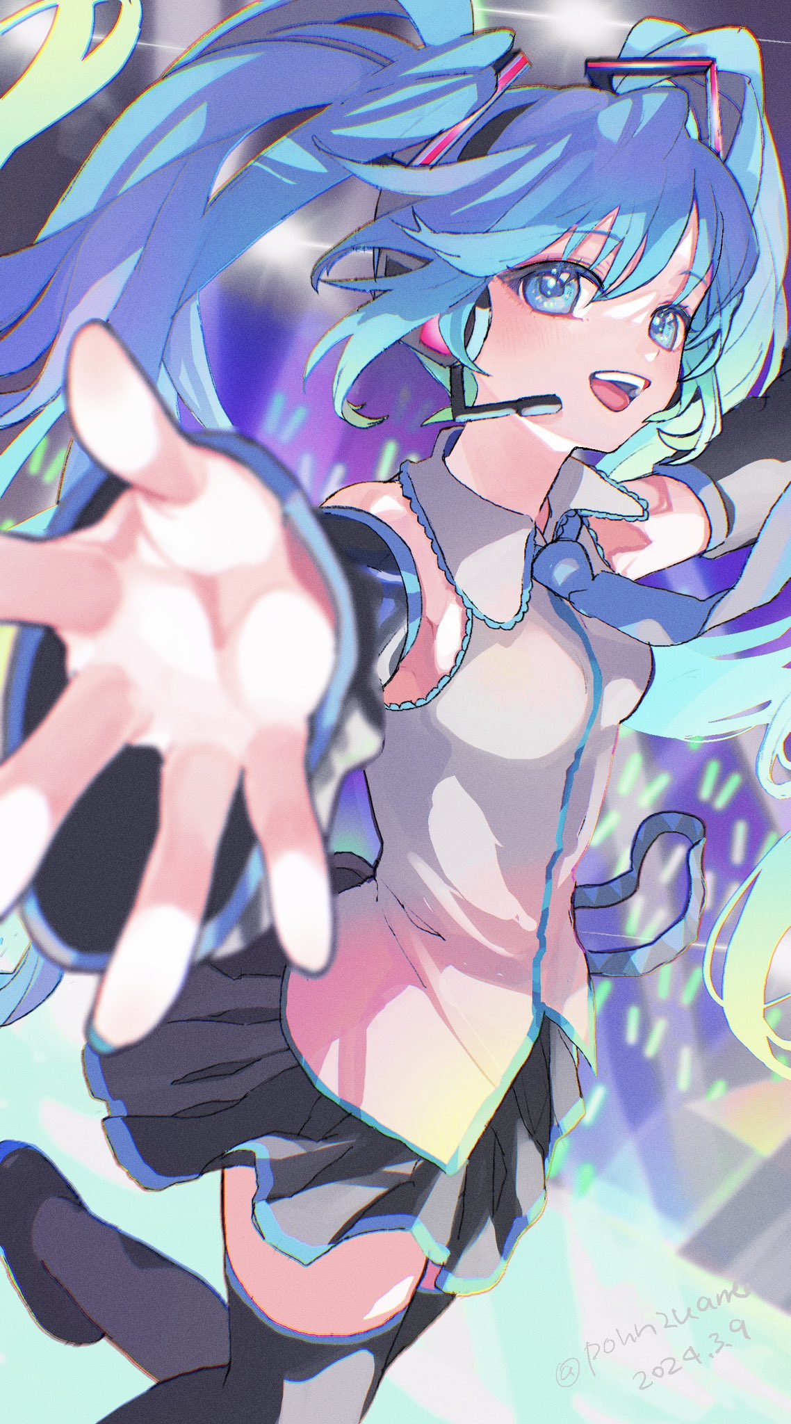 1girl amezawa_koma blue_eyes boots breasts detached_sleeves floating_hair foreshortening glowstick grey_shirt hatsune_miku headset highres long_hair miku_day miniskirt necktie open_mouth reaching reaching_towards_viewer shirt skirt small_breasts smile solo stage_lights thigh_boots twintails very_long_hair vocaloid zettai_ryouiki