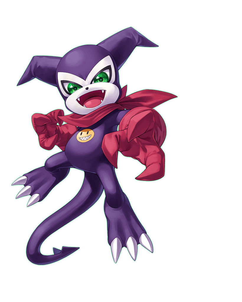 1other bandana bandana_around_neck digimon digimon_card_game digimon_liberator fangs fewer_digits full_body gloves green_eyes impmon looking_at_viewer official_art open_mouth red_bandana red_gloves smile smiley_face transparent_background