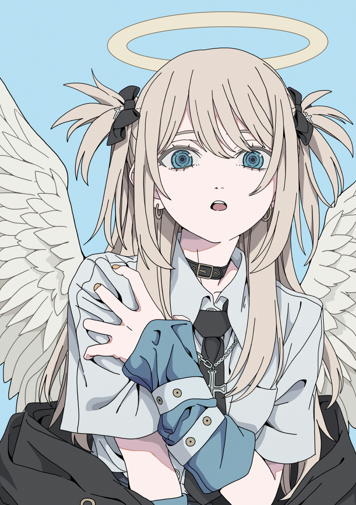 1girl angel_wings arm_warmers belt belt_collar black_belt black_bow black_jacket black_necktie blonde_hair blue_background blue_eyes bow collar collared_shirt cross cross_hair_ornament cross_necklace earrings feathered_wings grey_shirt hair_bow hair_ornament haku_geroda halo hand_on_own_arm hand_on_own_shoulder jacket jacket_partially_removed jewelry looking_at_viewer necklace necktie open_mouth original shirt short_sleeves simple_background solo teeth two_side_up upper_body upper_teeth_only white_wings wings yellow_nails