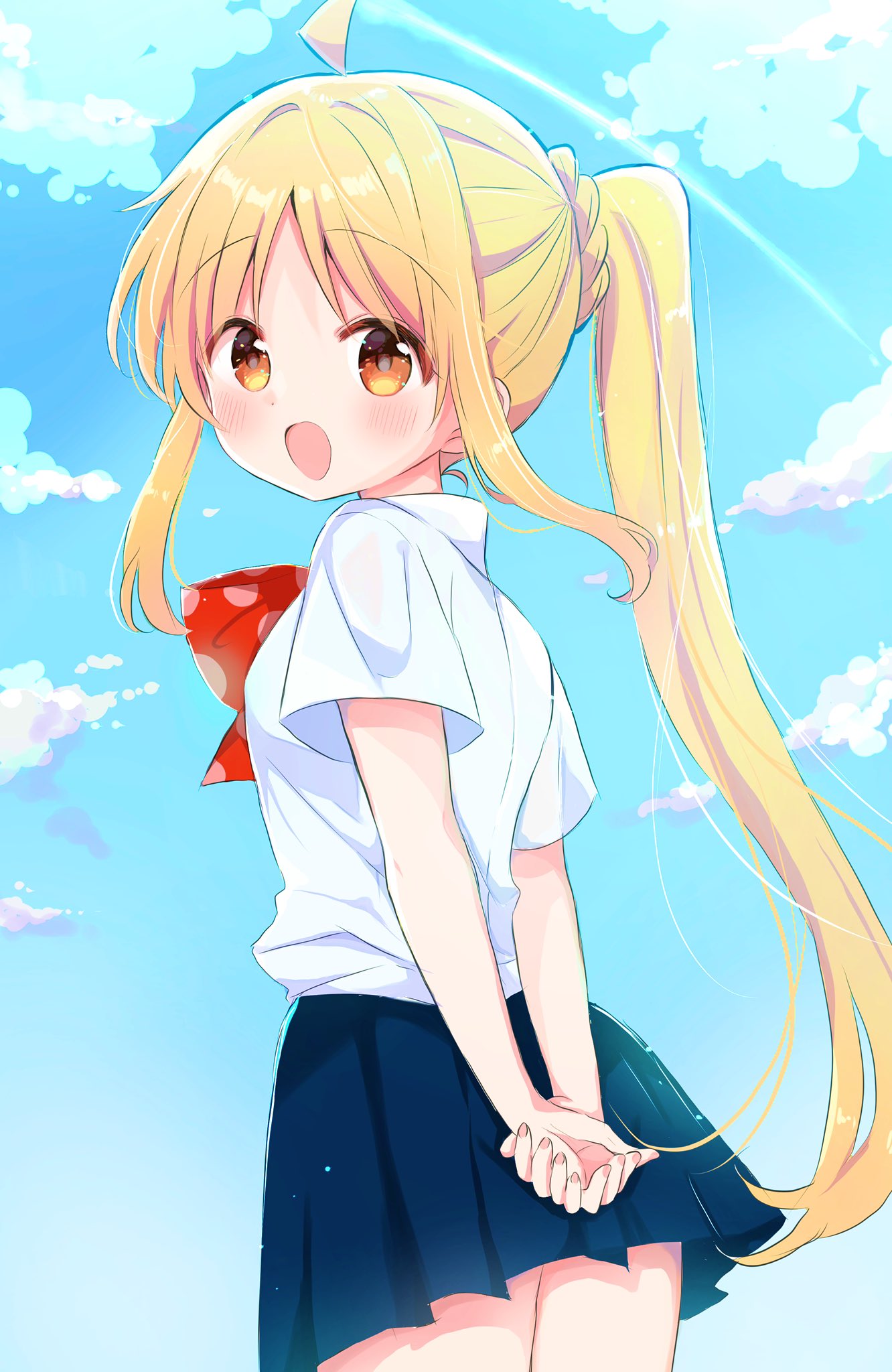 1girl ahoge blonde_hair blue_skirt blue_sky blush bocchi_the_rock! bow bowtie brown_eyes clouds cloudy_sky commentary_request cowboy_shot day from_behind highres ijichi_nijika long_hair looking_at_viewer looking_back miniskirt nanami_ayane_(kusunoki5050) open_mouth outdoors pleated_skirt polka_dot polka_dot_bow polka_dot_bowtie red_bow red_bowtie school_uniform shimokitazawa_high_school_uniform shirt short_sleeves side_ponytail sidelocks skirt sky smile solo standing tareme very_long_hair white_shirt