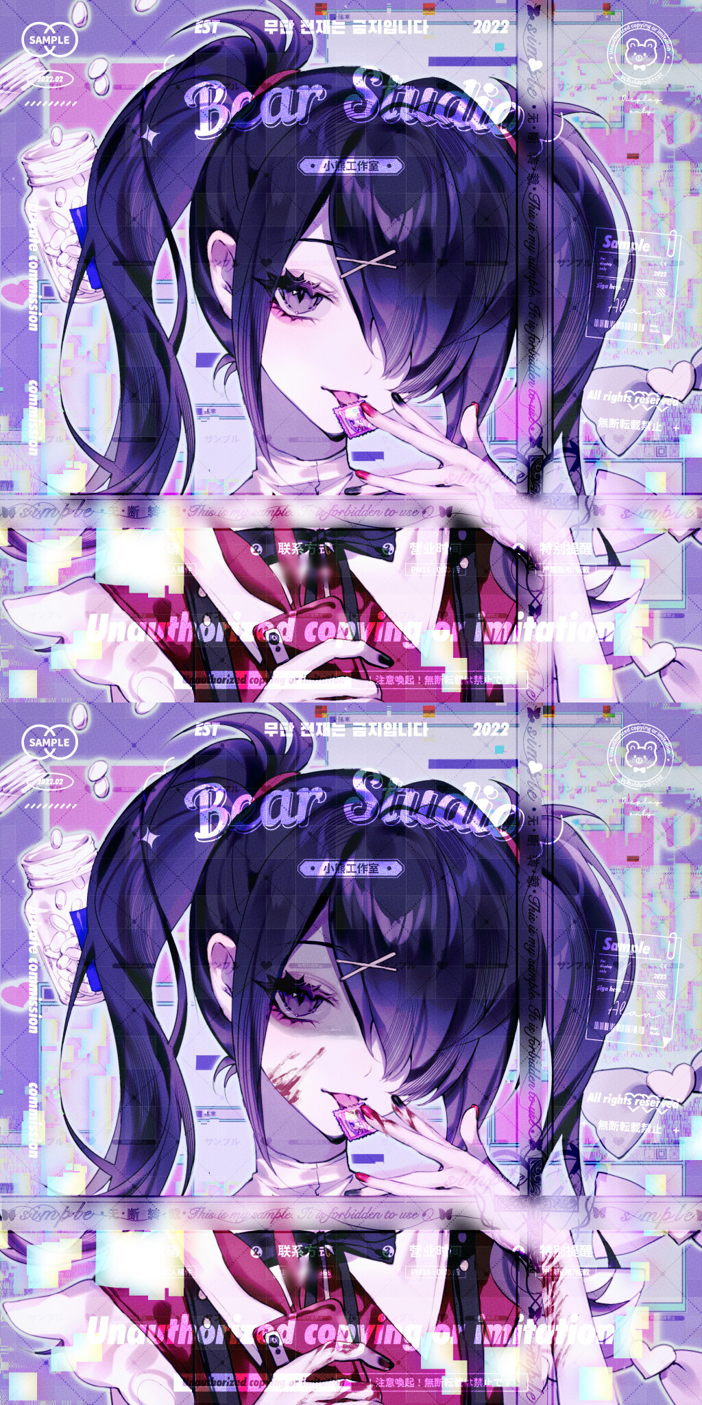 1girl aegyo_sal ame-chan_(needy_girl_overdose) black_hair black_nails black_ribbon blood blood_on_face blood_on_hands closed_mouth commission hair_ornament hair_over_one_eye hand_up highres holding holding_phone licking long_hair looking_at_viewer lsd nail_polish neck_ribbon needy_girl_overdose phone pill pill_bottle red_nails red_shirt ribbon sample_watermark shaded_face shirt shuixiaozi smile solo suspenders tongue tongue_out twintails upper_body violet_eyes watermark x_hair_ornament