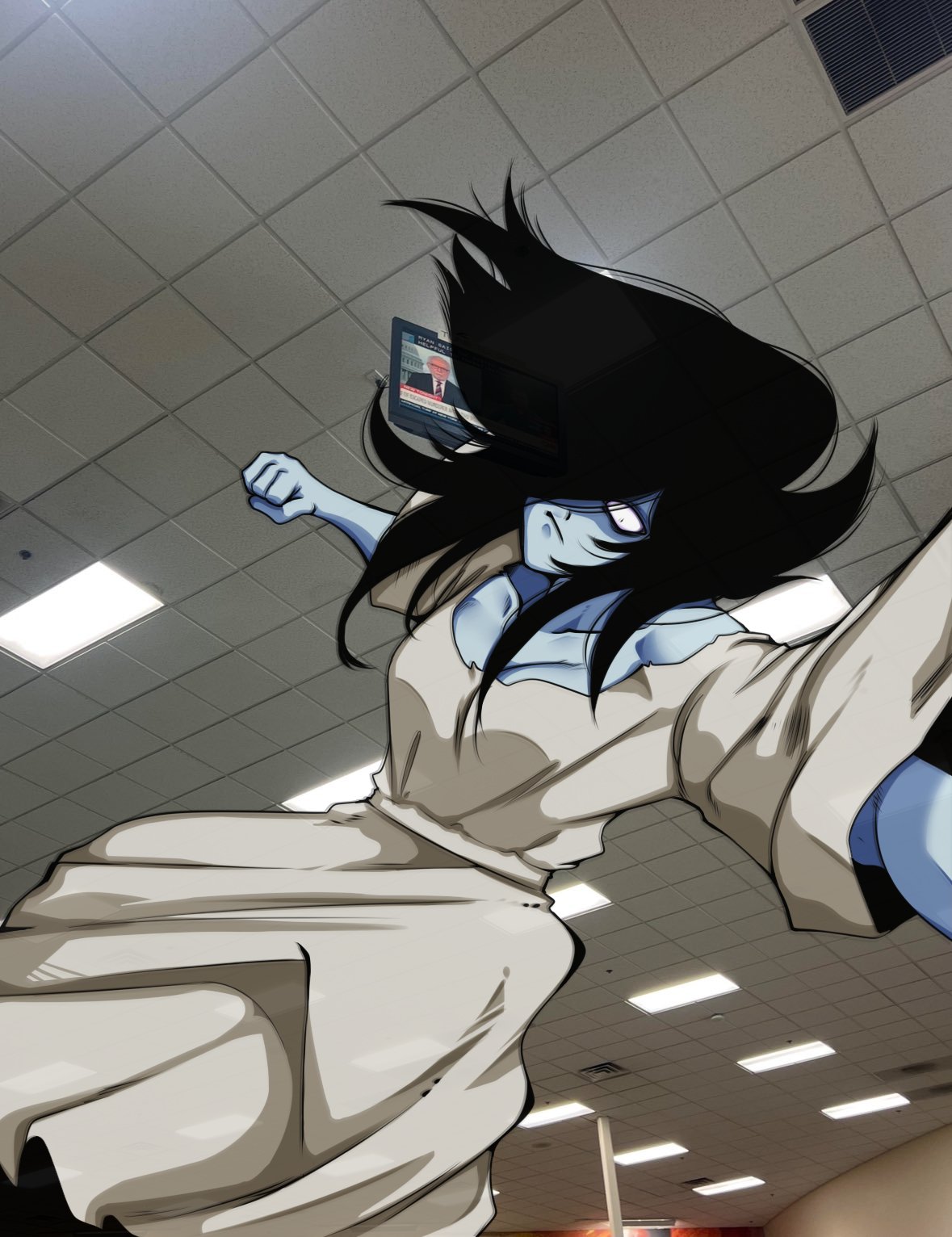 1girl black_hair ceiling ceiling_light clenched_hand closed_mouth collarbone dodo_sparks dress fluorescent_lamp from_below frown highres indoors long_hair meme midair photo_background reference_request sadako_ceiling_tv_redraws_(meme) solo television the_ring tile_ceiling tiles white_dress yamamura_sadako