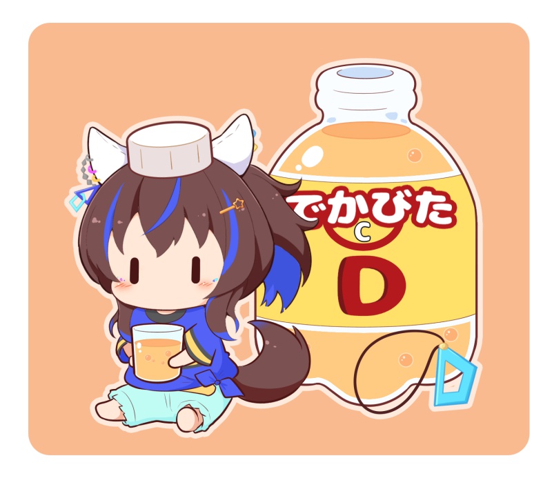 1girl barefoot blue_hair blue_pants blue_shirt bottle brown_background brown_hair chibi cup daitaku_helios_(umamusume) drinking_glass gomashio_(goma_feet) hair_between_eyes hair_ornament hairclip holding holding_cup multicolored_hair on_head pants shirt short_sleeves side_ponytail simple_background sitting soles solo star_(symbol) star_hair_ornament streaked_hair translation_request umamusume wide_sleeves