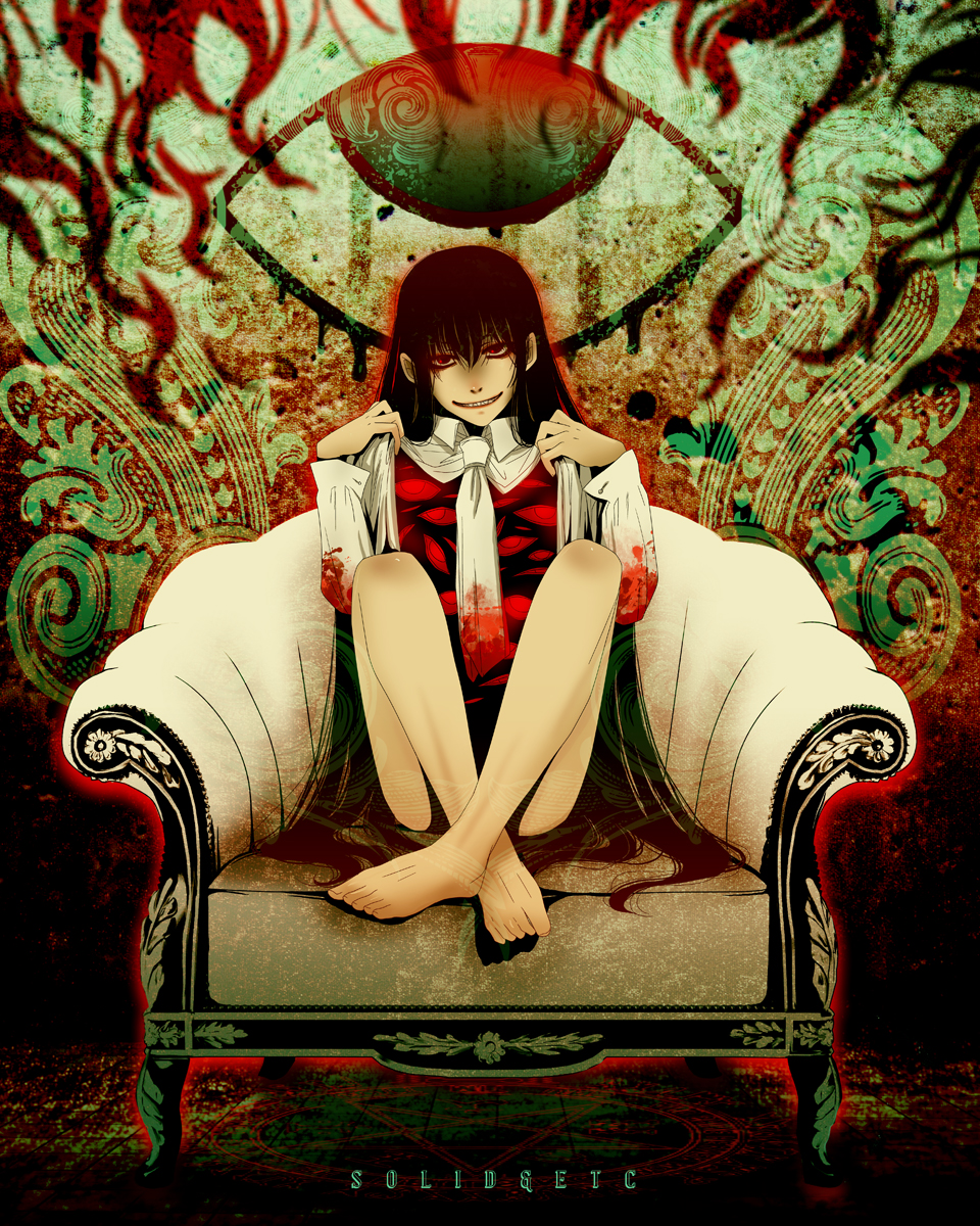 1girl alucard_(hellsing) artist_name barefoot black_hair blood blood_on_clothes chair extra_eyes full_body girlycard hair_between_eyes hellsing highres long_hair necktie open_clothes open_shirt red_eyes sitting smile solo toshimichi_yukari very_long_hair white_necktie