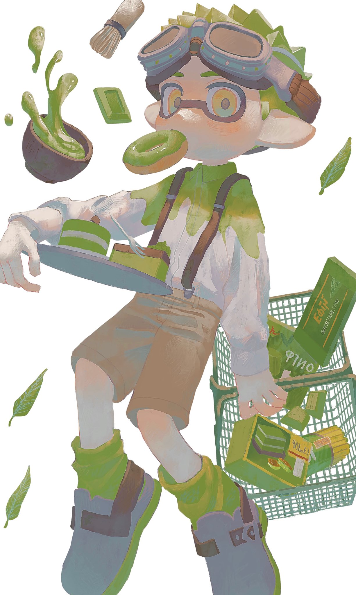 1boy blush brown_shorts cake cake_slice chocolate collared_shirt commentary_request doughnut falling_leaves food food_in_mouth fork goggles goggles_on_head green_eyes green_hair green_shirt green_socks highres inkling inkling_boy inkling_player_character leaf male_focus matcha_(food) mouth_hold pastry_box plate pointy_ears shirt shopping_basket short_hair shorts socks solo spiky_hair splatoon_(series) suspenders tentacle_hair tiripow two-tone_eyes two-tone_shirt white_background white_shirt yellow_eyes