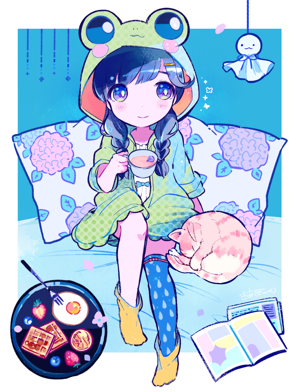 1girl animal_hood black_hair blue_background blue_thighhighs blueberry blush book border braid cardigan cat closed_mouth commentary_request cup floral_print flower food fork fried_egg frog_hood fruit full_body green_cardigan hair_ornament hair_over_shoulder hairclip hand_up highres holding hood hood_up hydrangea kiato long_hair open_book open_cardigan open_clothes original pillow plate single_thighhigh sitting sleeping smile socks socks_over_thighhighs solo strawberry teacup teruterubouzu thigh-highs twin_braids violet_eyes waffle white_border yellow_socks