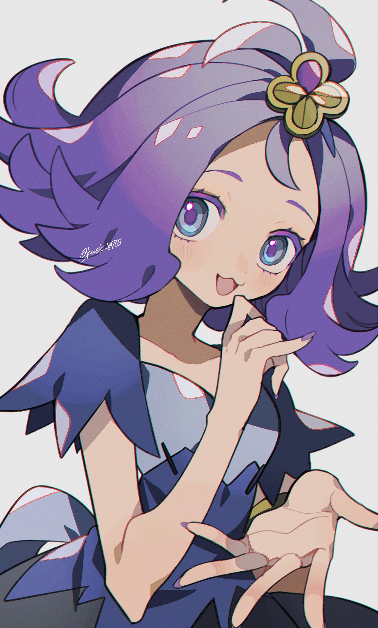 1girl acerola_(pokemon) commentary dress flipped_hair hair_ornament highres kawasaki_(kwsk_8765) looking_at_viewer medium_hair multicolored_clothes multicolored_dress open_mouth pokemon pokemon_sm purple_hair short_sleeves simple_background smile solo topknot twitter_username violet_eyes