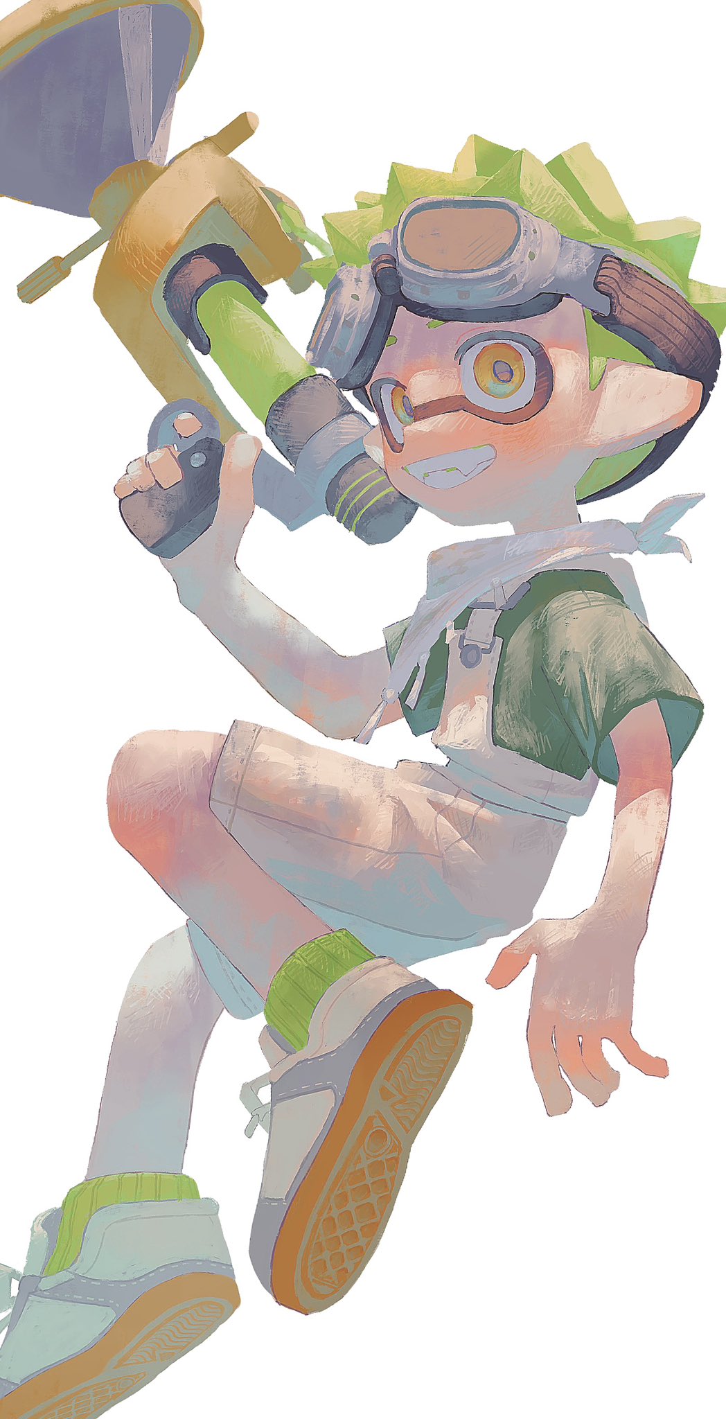 1boy ankle_socks commentary_request goggles goggles_on_head green_eyes green_hair green_shirt green_socks grin highres holding holding_weapon inkling inkling_boy inkling_player_character male_focus orange_eyes overalls pointy_ears scarf shirt short_hair short_sleeves shorts smile socks solo spiky_hair splatoon_(series) splatoon_3 sploosh-o-matic_(splatoon) suspenders teeth tiripow two-tone_eyes weapon white_background white_overalls white_scarf