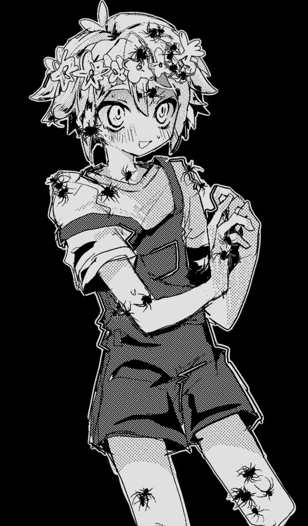 1boy antenna_hair basil_(headspace)_(omori) basil_(omori) black_background blush bug cropped_legs fjsk hair_between_eyes head_wreath monochrome omori open_mouth outline overall_shorts overalls own_hands_together short_hair short_sleeves smle solo spider strap_slip