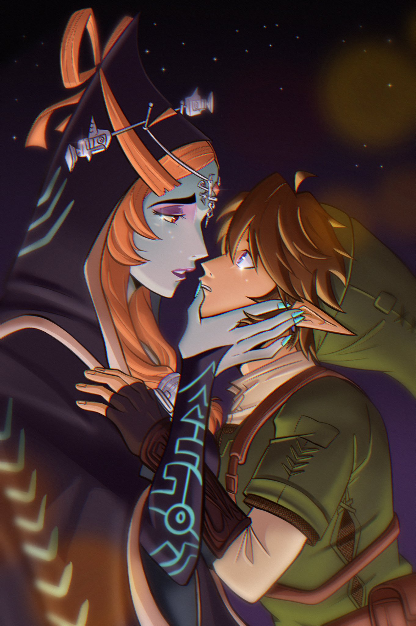 1boy 1girl brown_hair green_tunic hand_on_another's_face highres link midna midna_(true) night night_sky pichichustudio pointy_ears redhead sky tall_female the_legend_of_zelda the_legend_of_zelda:_twilight_princess